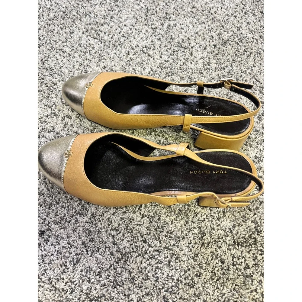 Tory Burch Tan Leather Metallic Cap Toe Slingback Block Heel Pumps Size 10M